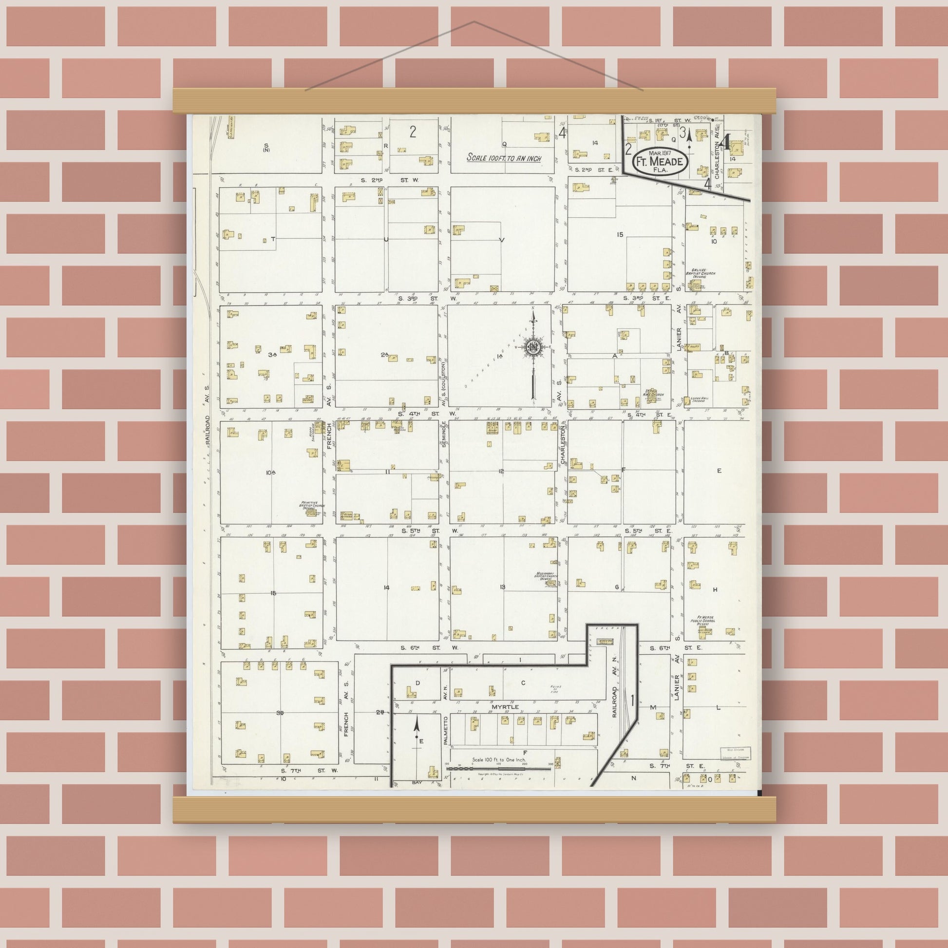 Old map wall art mockup — magnetic wood frame on brick wall — Sanborn Fire Insurance Map from Fort Meade, Polk County, Florida (1917), Sheet #0004