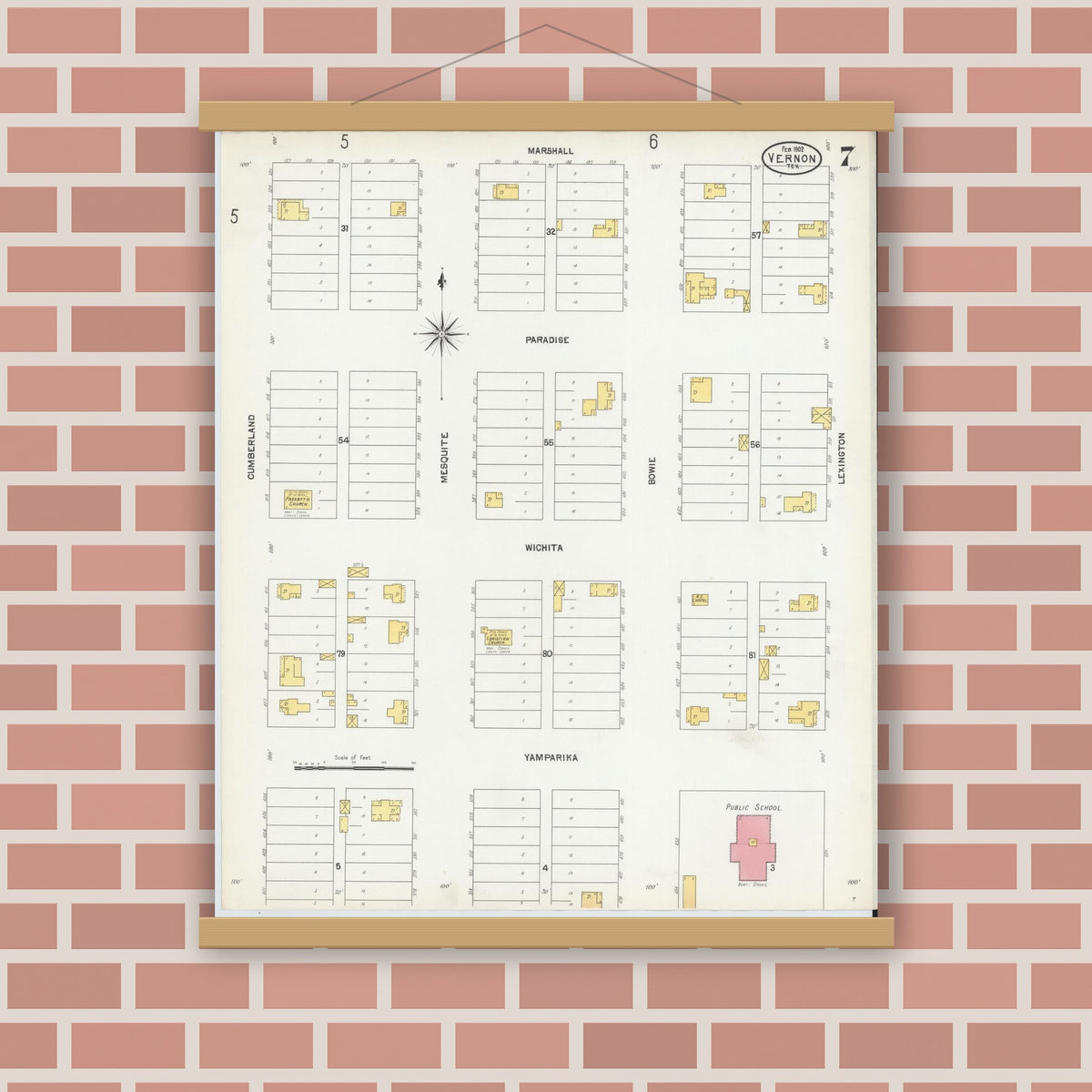 Old map wall art mockup — magnetic wood frame on brick wall — Sanborn Fire Insurance Map from Vernon, Wilbarger County, Texas (1902), Sheet #0007