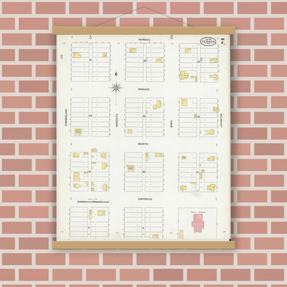 Old map wall art mockup — magnetic wood frame on brick wall — Sanborn Fire Insurance Map from Vernon, Wilbarger County, Texas (1902), Sheet #0007