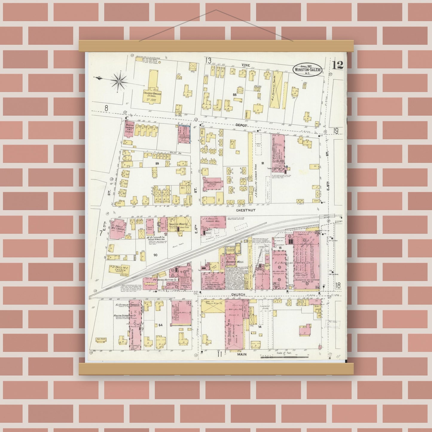 Old map wall art mockup — magnetic wood frame on brick wall — Sanborn Fire Insurance Map from Winston-Salem, Forsyth County, North Carolina (1907), Sheet #0012