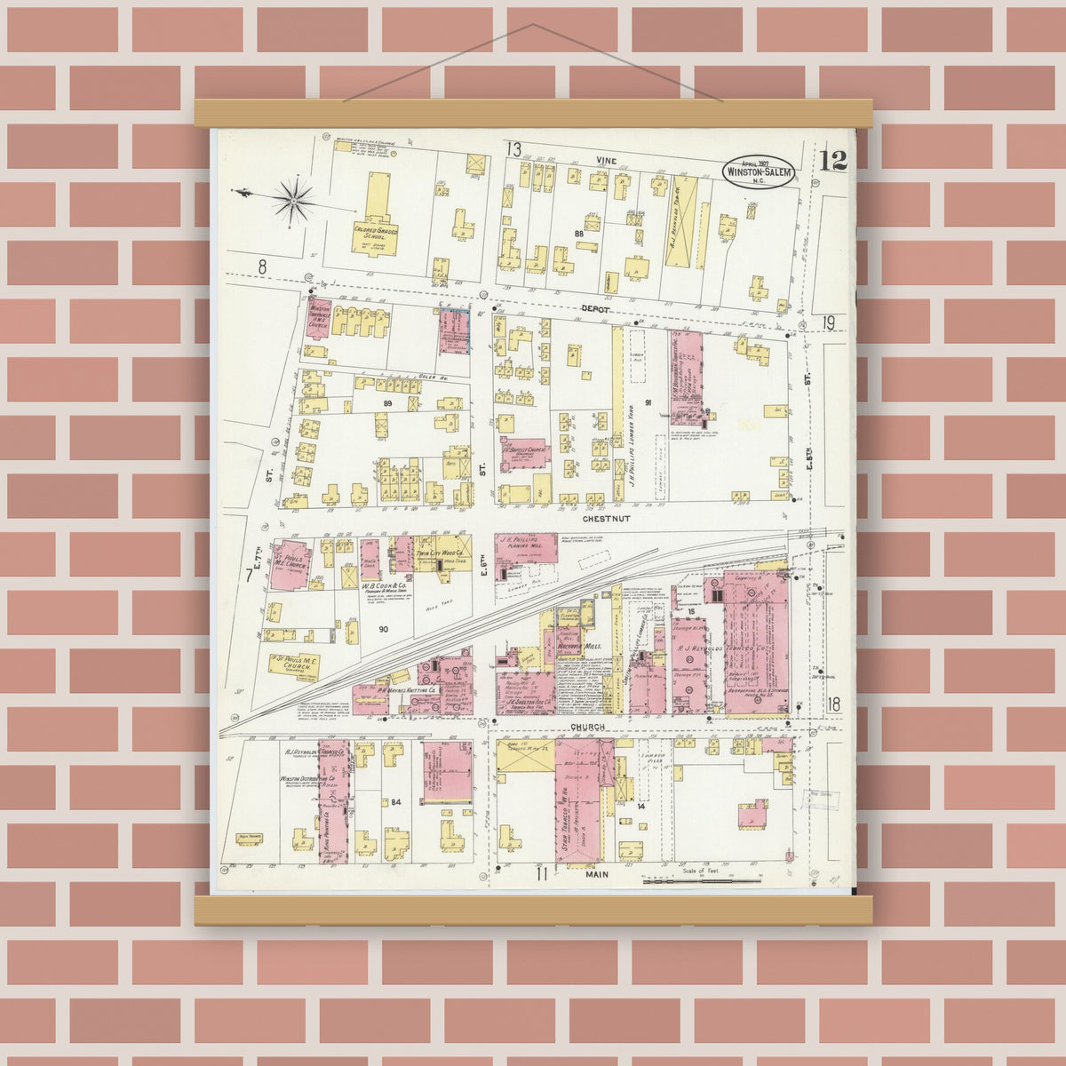 Old map wall art mockup — magnetic wood frame on brick wall — Sanborn Fire Insurance Map from Winston-Salem, Forsyth County, North Carolina (1907), Sheet #0012