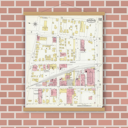 Old map wall art mockup — magnetic wood frame on brick wall — Sanborn Fire Insurance Map from Winston-Salem, Forsyth County, North Carolina (1907), Sheet #0012