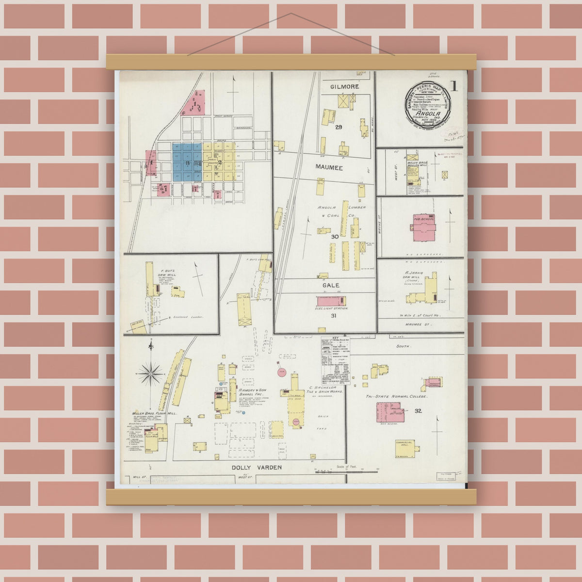 Old map wall art mockup — magnetic wood frame on brick wall — Sanborn Fire Insurance Map from Angola, Steuben County, Indiana (1892), Sheet #0001