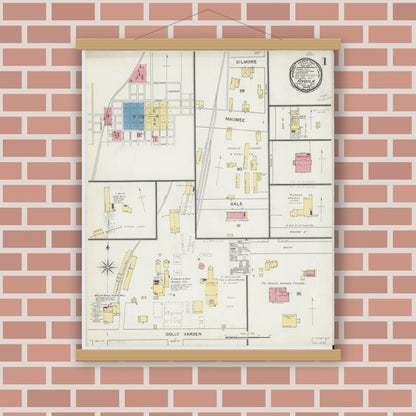 Old map wall art mockup — magnetic wood frame on brick wall — Sanborn Fire Insurance Map from Angola, Steuben County, Indiana (1892), Sheet #0001