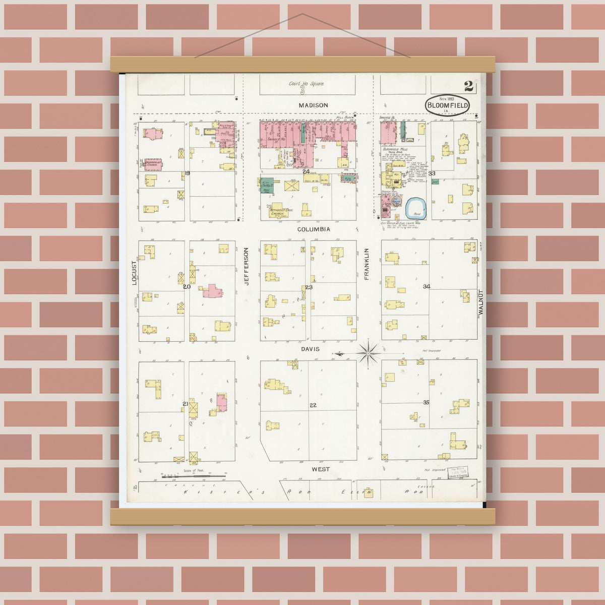 Old map wall art mockup — magnetic wood frame on brick wall — Sanborn Fire Insurance Map from Bloomfield, Davis County, Iowa (1893), Sheet #0002