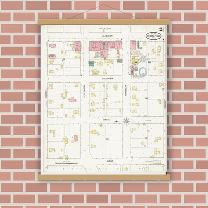 Old map wall art mockup — magnetic wood frame on brick wall — Sanborn Fire Insurance Map from Bloomfield, Davis County, Iowa (1893), Sheet #0002