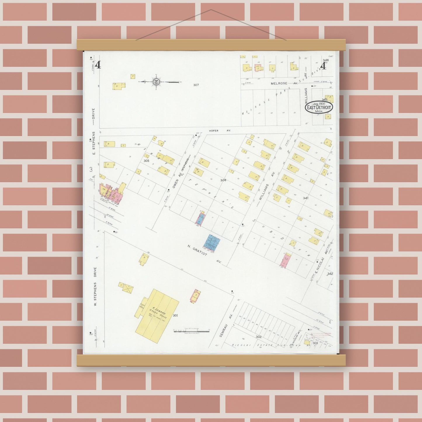 Old map wall art mockup — magnetic wood frame on brick wall — Sanborn Fire Insurance Map from East Detroit, Macomb County, Michigan (1931), Sheet #0004