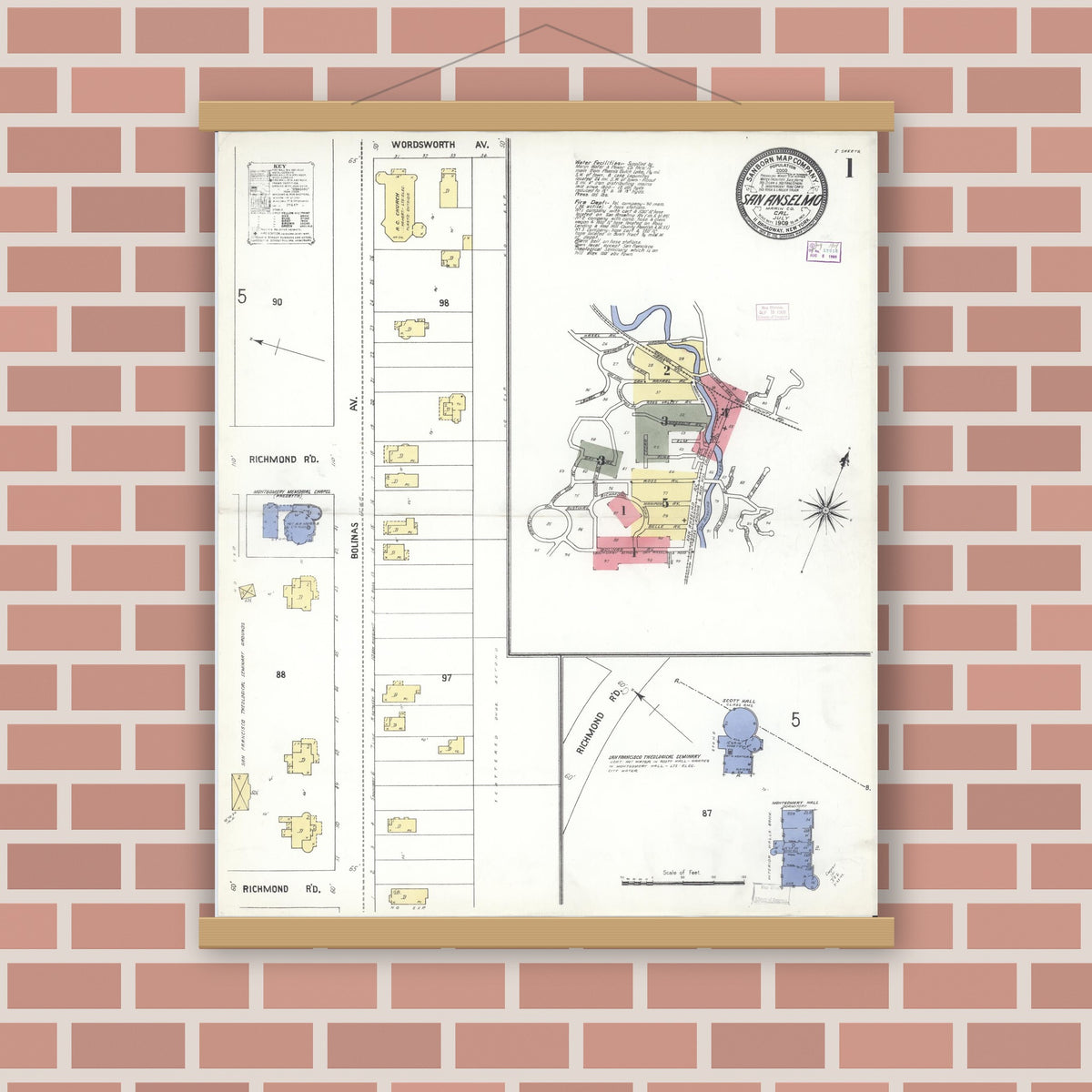Old map wall art mockup — magnetic wood frame on brick wall — Sanborn Fire Insurance Map from San Anselmo, Marin County, California (1909) - Complete Map Set