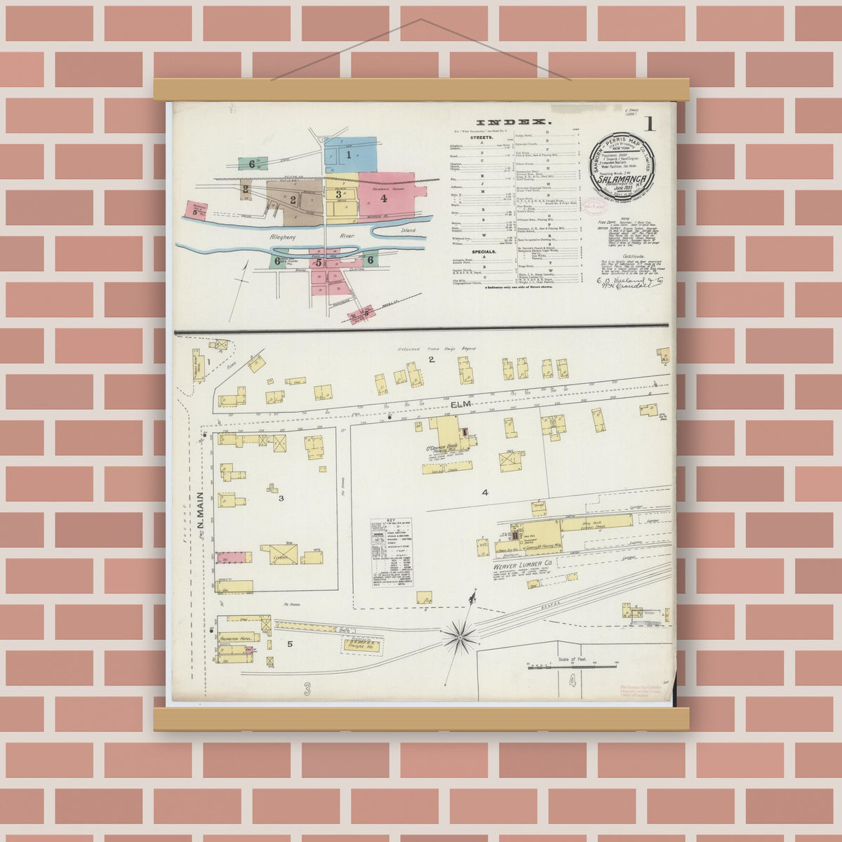 Old map wall art mockup — magnetic wood frame on brick wall — Sanborn Fire Insurance Map from Salamanca, Cattaraugus County, New York (1893) - Complete Map Set