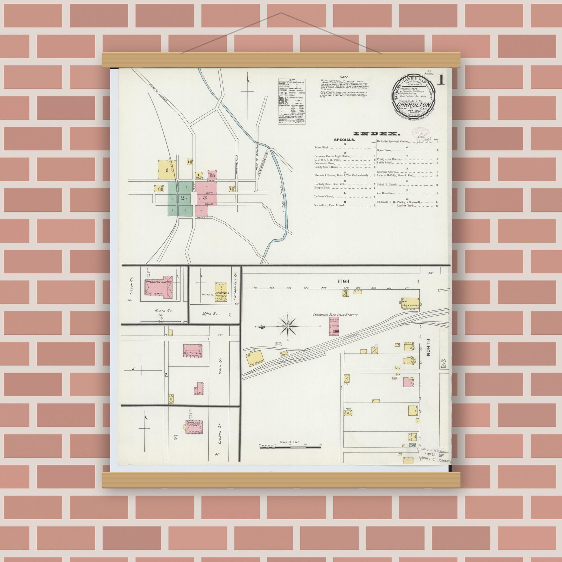 Old map wall art mockup — magnetic wood frame on brick wall — Sanborn Fire Insurance Map from Carrollton, Carroll County, Ohio (1895), Sheet #0001