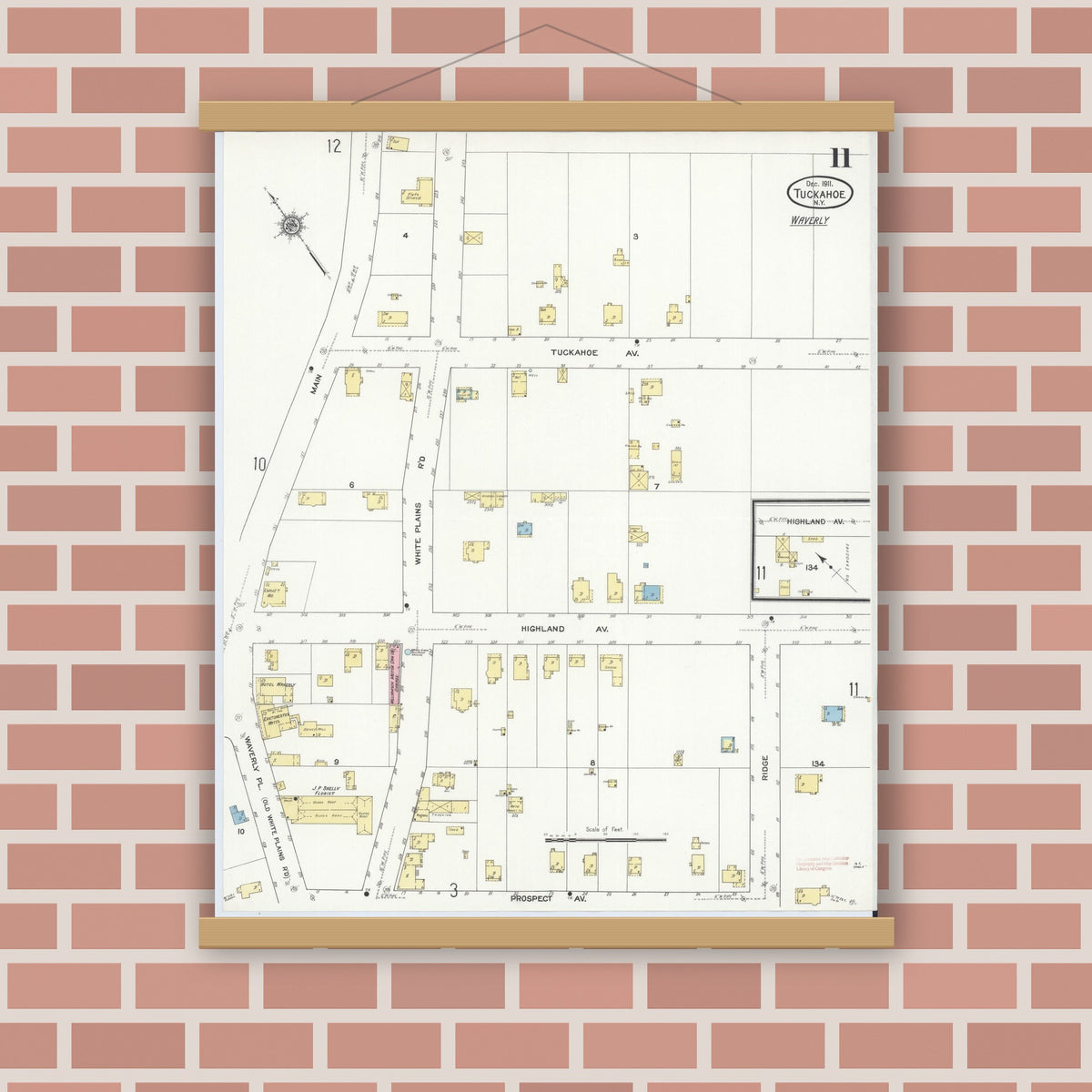 Old map wall art mockup — magnetic wood frame on brick wall — Sanborn Fire Insurance Map from Tuckahoe, Westchester County, New York (1911), Sheet #0011