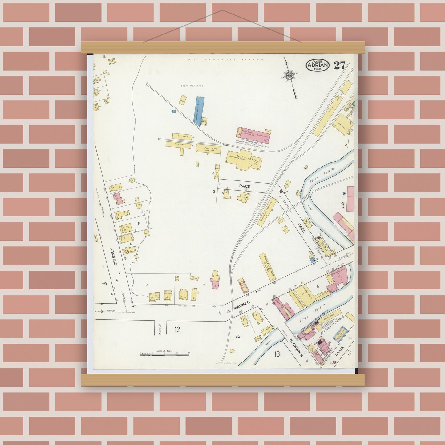 Old map wall art mockup — magnetic wood frame on brick wall — Sanborn Fire Insurance Map from Adrian, Lenawee County, Michigan (1916), Sheet #0027