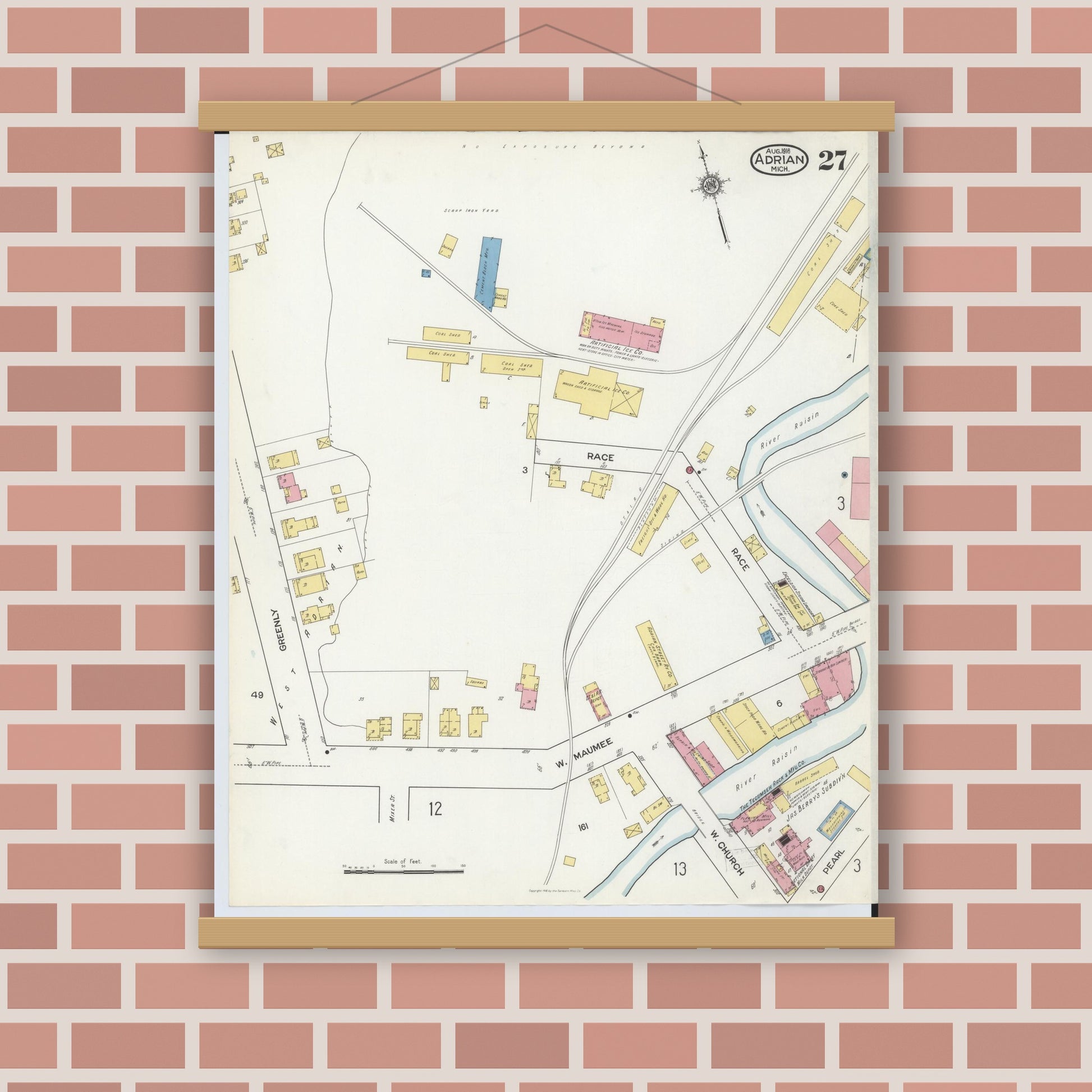 Old map wall art mockup — magnetic wood frame on brick wall — Sanborn Fire Insurance Map from Adrian, Lenawee County, Michigan (1916), Sheet #0027