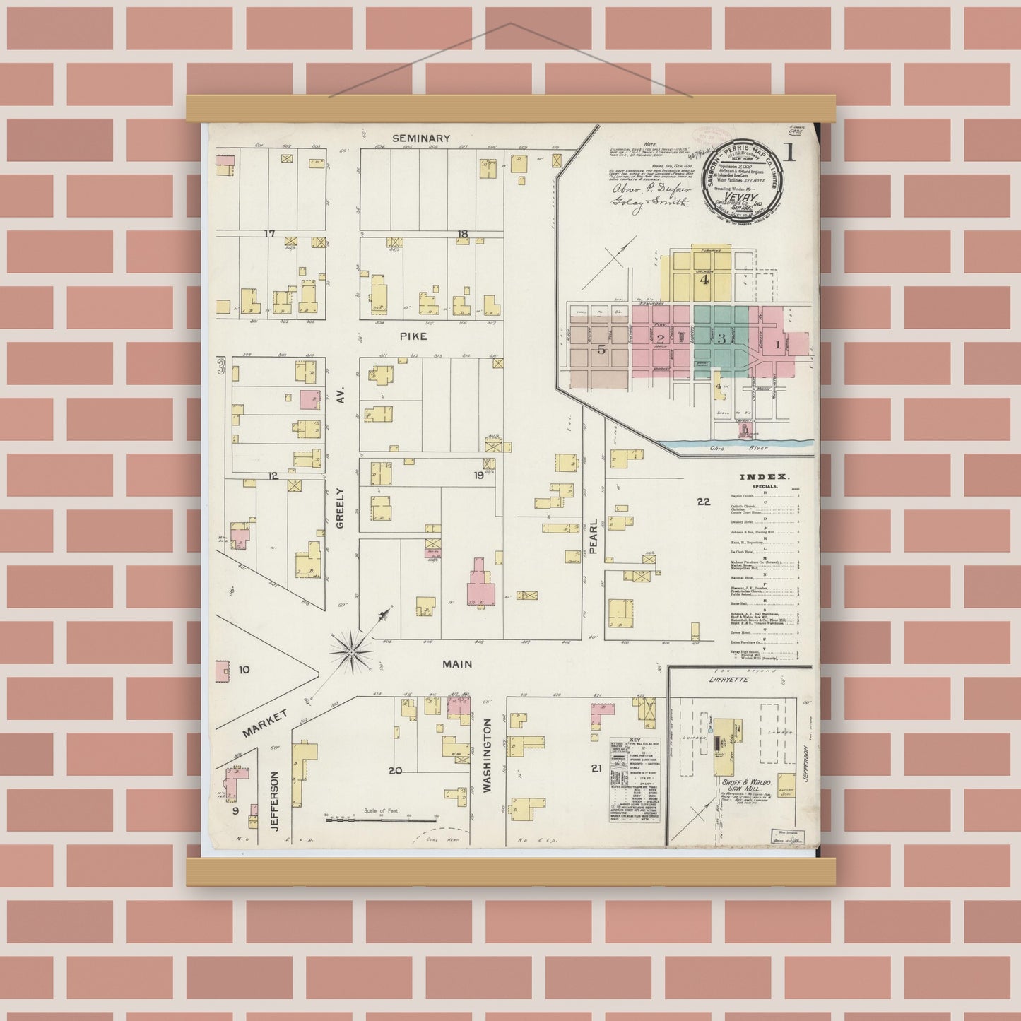 Old map wall art mockup — magnetic wood frame on brick wall — Sanborn Fire Insurance Map from Vevay, Switzerland County, Indiana (1892) - Complete Map Set