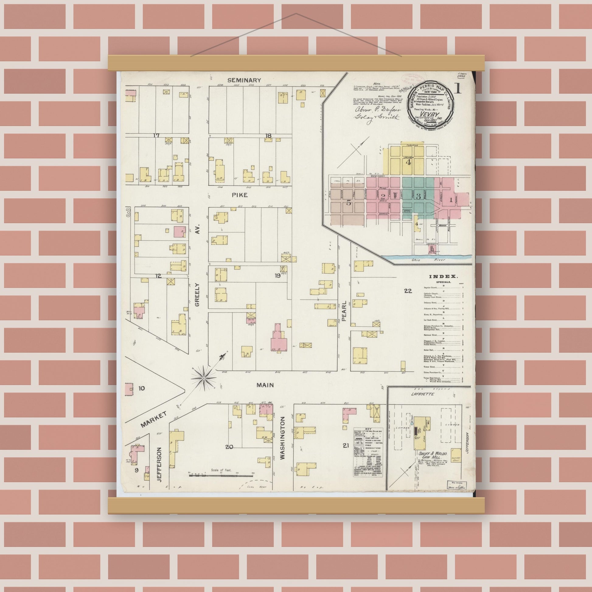 Old map wall art mockup — magnetic wood frame on brick wall — Sanborn Fire Insurance Map from Vevay, Switzerland County, Indiana (1892) - Complete Map Set