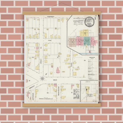 Old map wall art mockup — magnetic wood frame on brick wall — Sanborn Fire Insurance Map from Vevay, Switzerland County, Indiana (1892) - Complete Map Set