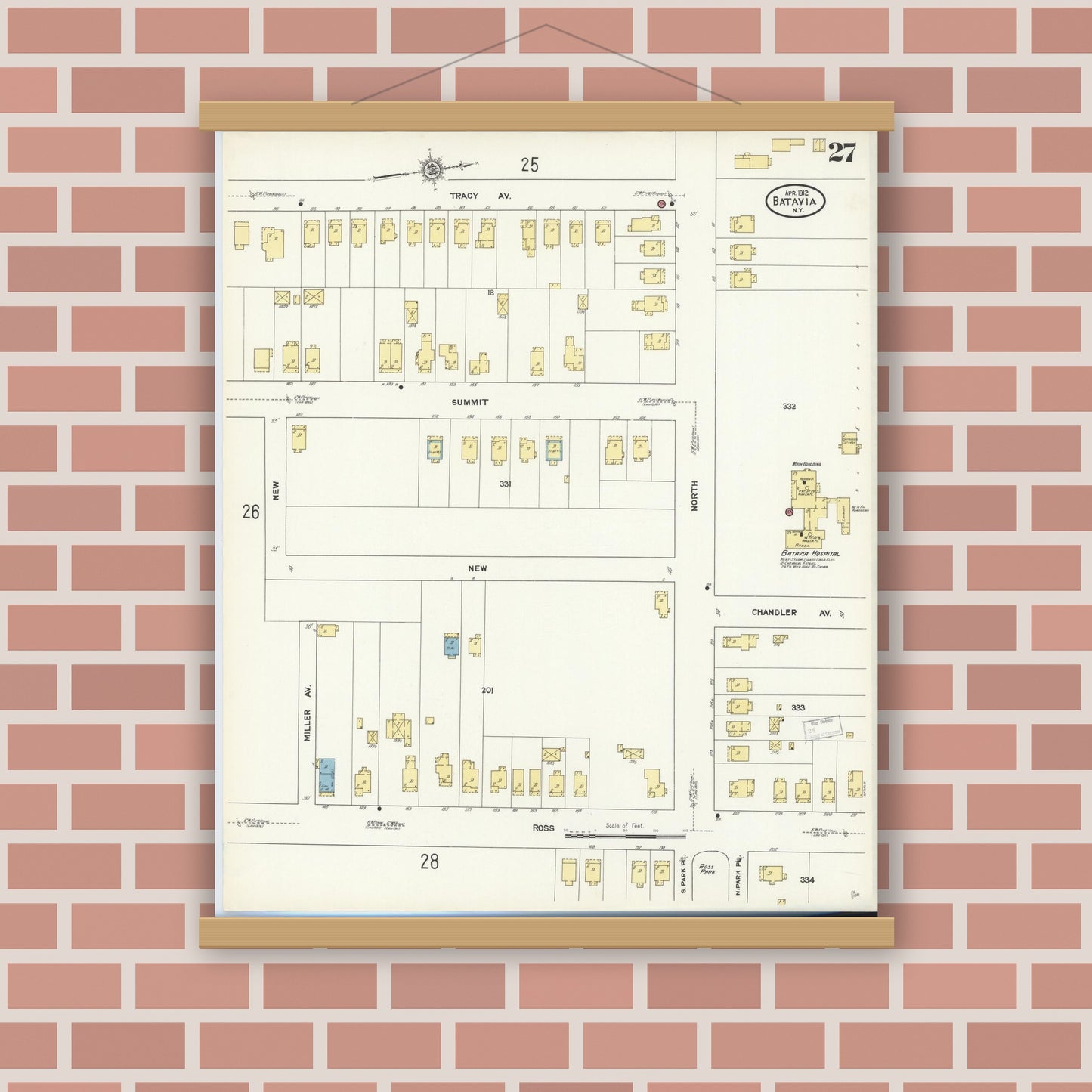 Old map wall art mockup — magnetic wood frame on brick wall — Sanborn Fire Insurance Map from Batavia, Genesee County, New York (1912), Sheet #0027