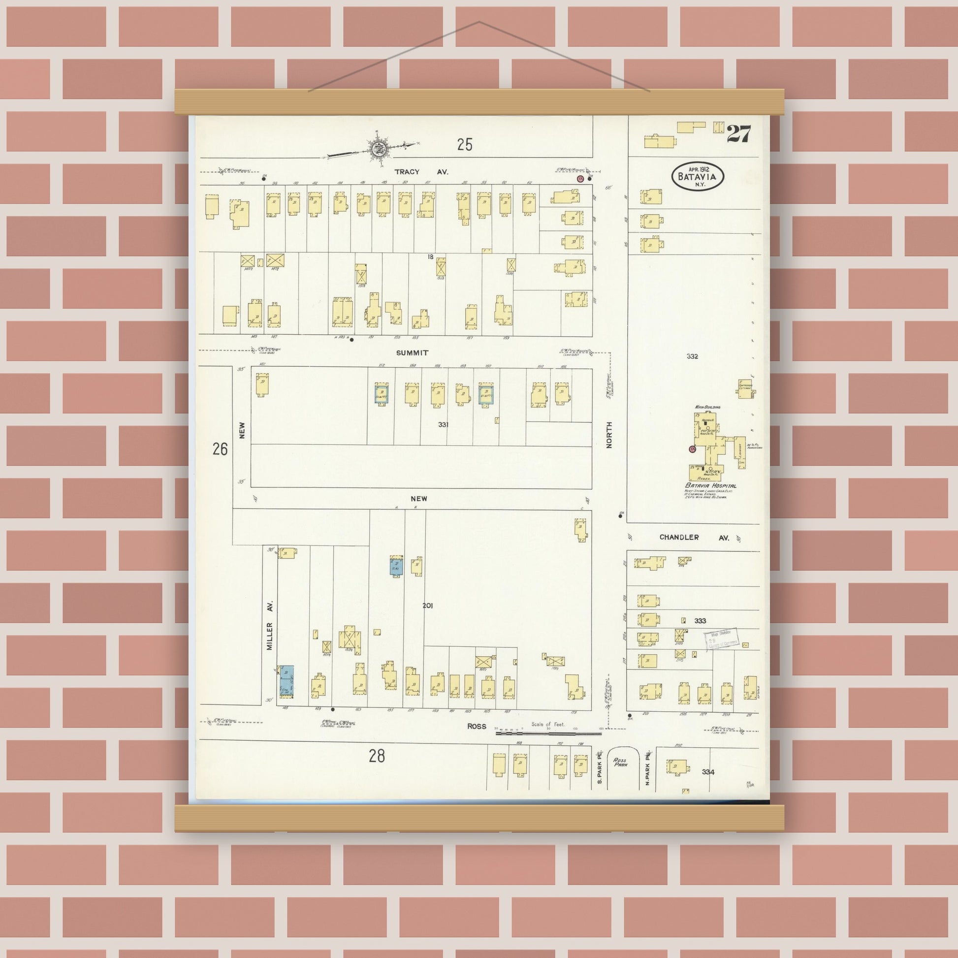 Old map wall art mockup — magnetic wood frame on brick wall — Sanborn Fire Insurance Map from Batavia, Genesee County, New York (1912), Sheet #0027