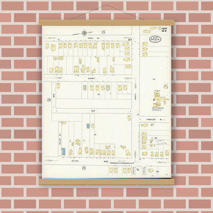Old map wall art mockup — magnetic wood frame on brick wall — Sanborn Fire Insurance Map from Batavia, Genesee County, New York (1912), Sheet #0027