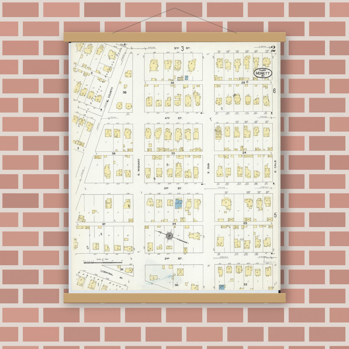 Old map wall art mockup — magnetic wood frame on brick wall — Sanborn Fire Insurance Map from Monett, Barry County, Missouri (1910), Sheet #0002