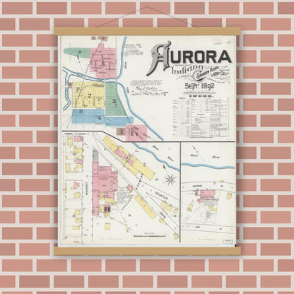 Old map wall art mockup — magnetic wood frame on brick wall — Sanborn Fire Insurance Map from Aurora, Dearborn County, Indiana (1892), Sheet #0001