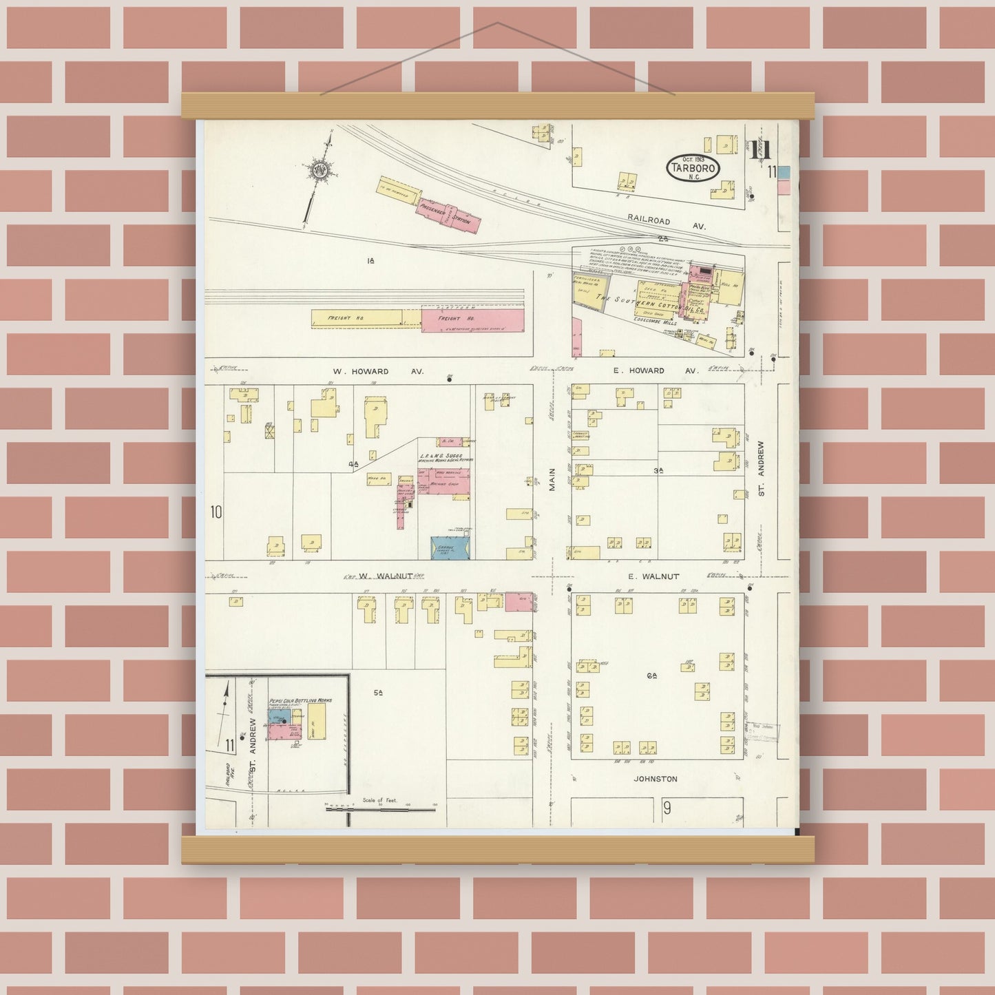 Old map wall art mockup — magnetic wood frame on brick wall — Sanborn Fire Insurance Map from Tarboro, Edgecombe County, North Carolina (1913), Sheet #0011