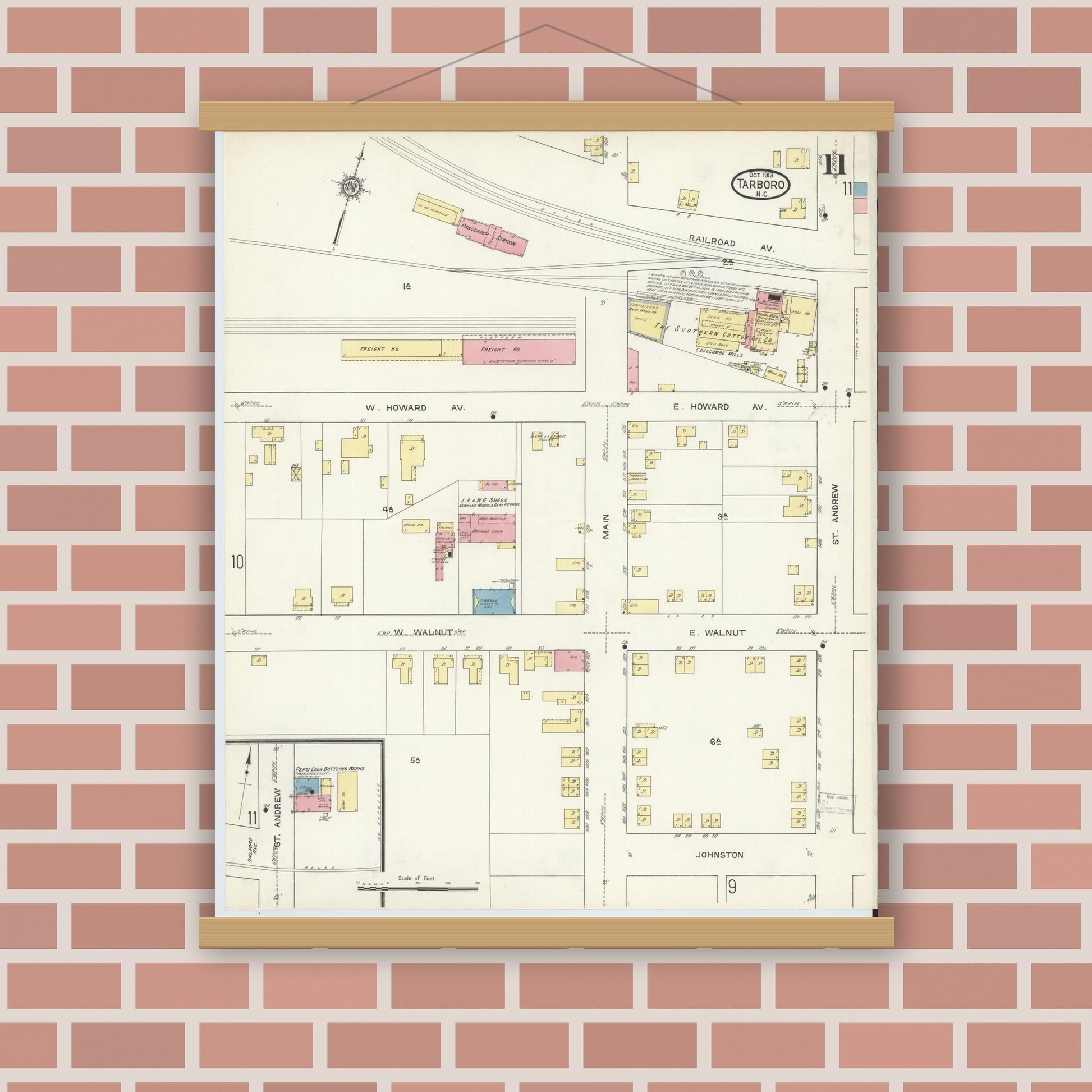 Old map wall art mockup — magnetic wood frame on brick wall — Sanborn Fire Insurance Map from Tarboro, Edgecombe County, North Carolina (1913), Sheet #0011