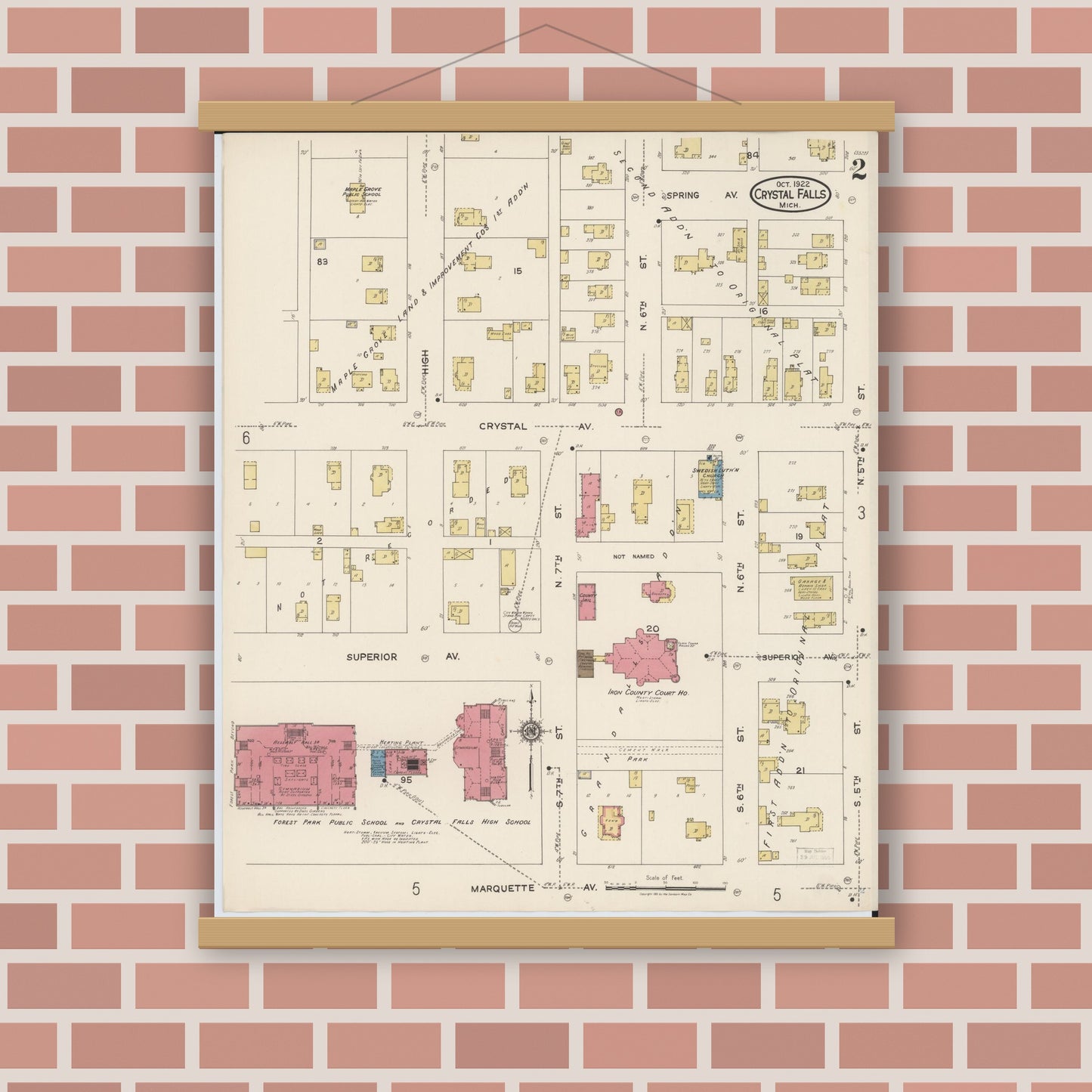 Old map wall art mockup — magnetic wood frame on brick wall — Sanborn Fire Insurance Map from Crystal Falls, Iron County, Michigan (1922), Sheet #0002