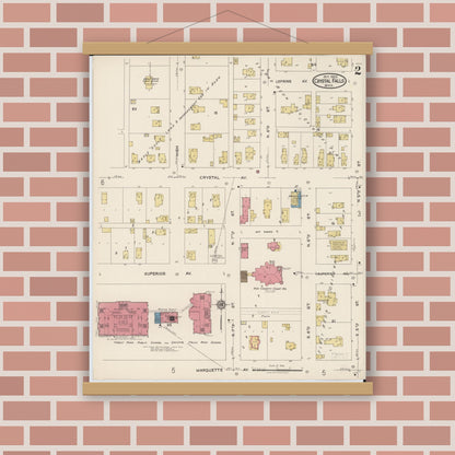 Old map wall art mockup — magnetic wood frame on brick wall — Sanborn Fire Insurance Map from Crystal Falls, Iron County, Michigan (1922), Sheet #0002