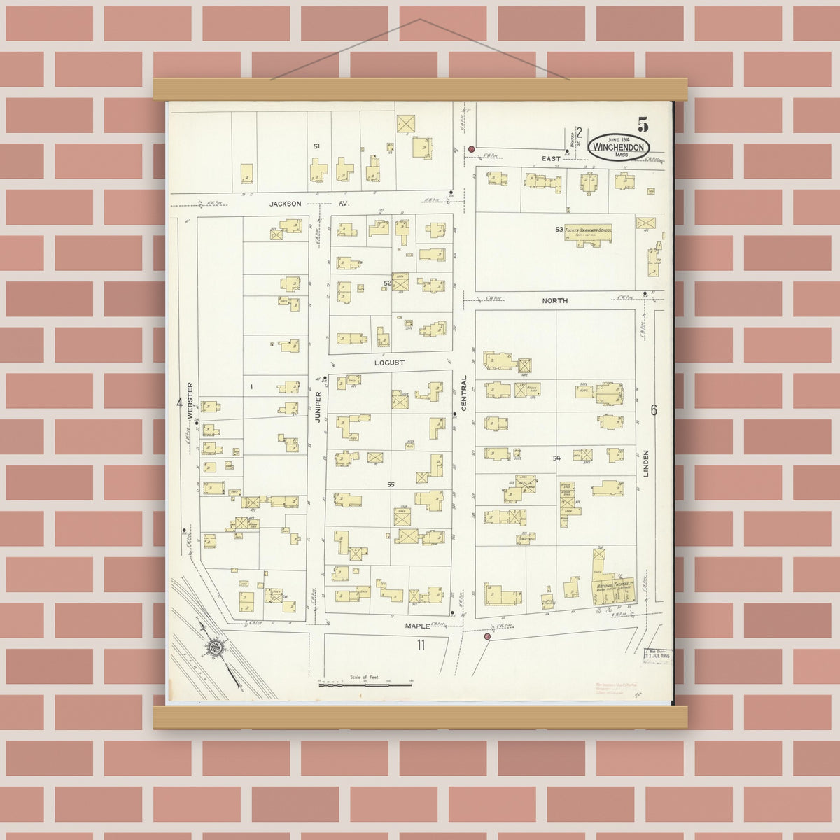 Old map wall art mockup — magnetic wood frame on brick wall — Sanborn Fire Insurance Map from Winchendon, Worcester County, Massachusetts (1914), Sheet #0005