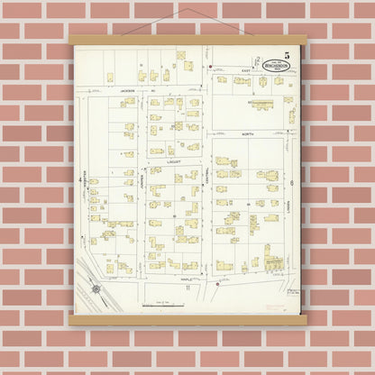 Old map wall art mockup — magnetic wood frame on brick wall — Sanborn Fire Insurance Map from Winchendon, Worcester County, Massachusetts (1914), Sheet #0005