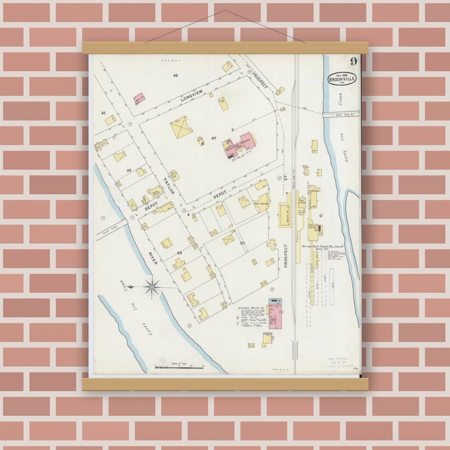 Old map wall art mockup — magnetic wood frame on brick wall — Sanborn Fire Insurance Map from Brookville, Jefferson County, Pennsylvania (1894), Sheet #0009
