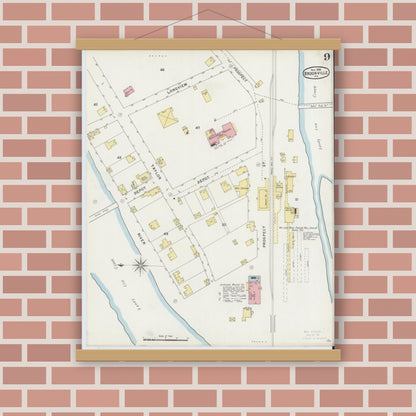 Old map wall art mockup — magnetic wood frame on brick wall — Sanborn Fire Insurance Map from Brookville, Jefferson County, Pennsylvania (1894), Sheet #0009