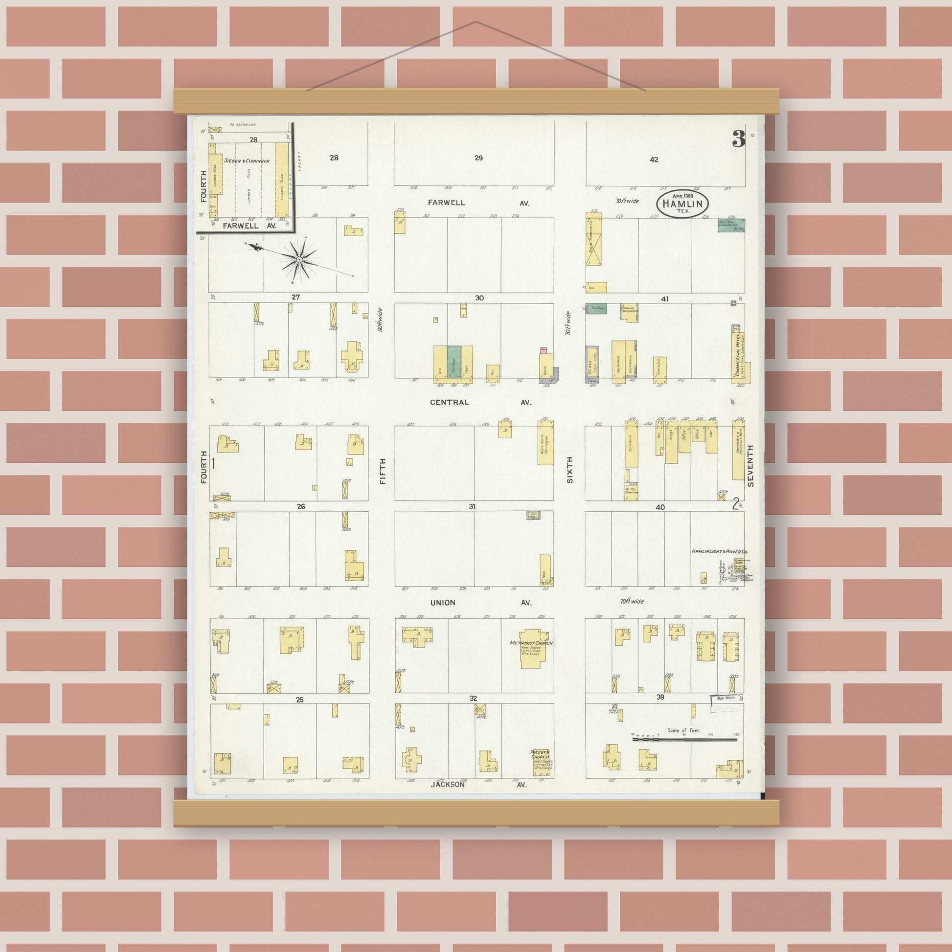 Old map wall art mockup — magnetic wood frame on brick wall — Sanborn Fire Insurance Map from Hamlin, Jones County, Texas (1908), Sheet #0003