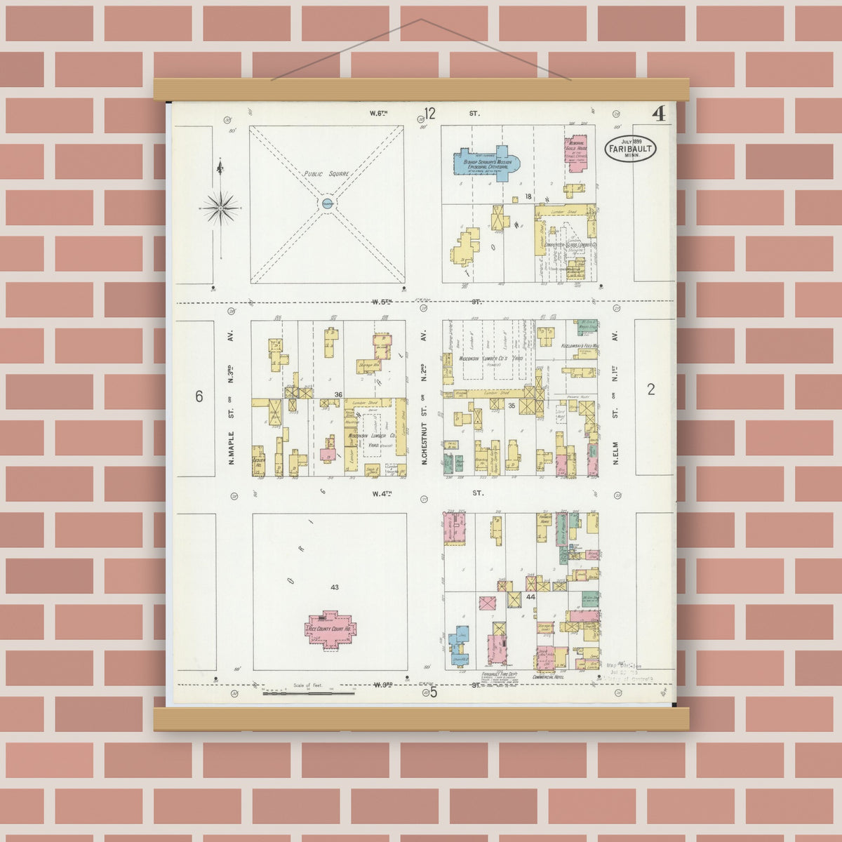 Old map wall art mockup — magnetic wood frame on brick wall — Sanborn Fire Insurance Map from Faribault, Rice County, Minnesota (1899), Sheet #0004