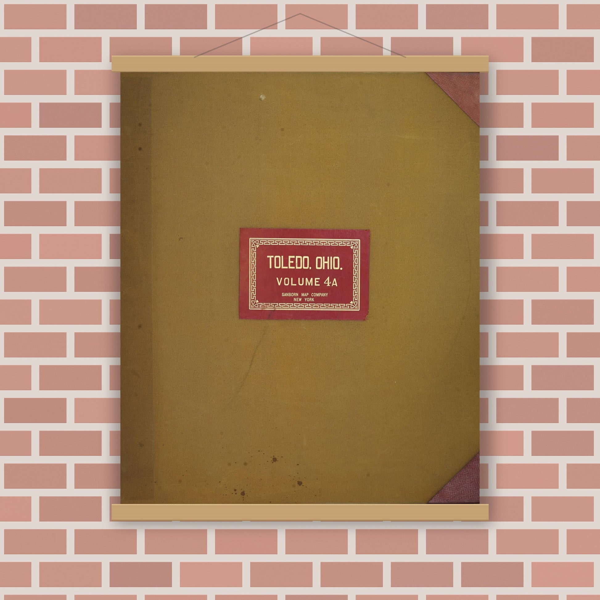 Old map wall art mockup — magnetic wood frame on brick wall — Sanborn Fire Insurance Map from Toledo, Lucas County, Ohio (1949), Sheet #0001