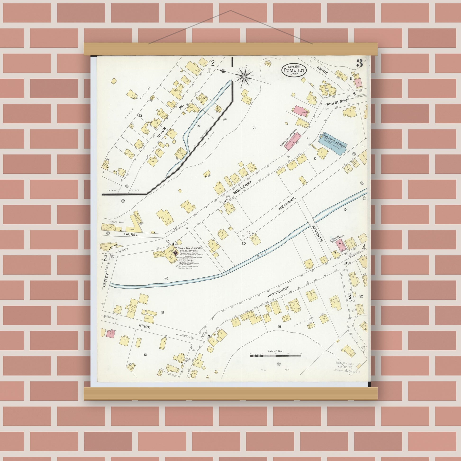 Old map wall art mockup — magnetic wood frame on brick wall — Sanborn Fire Insurance Map from Pomeroy, Meigs County, Ohio (1908), Sheet #0003