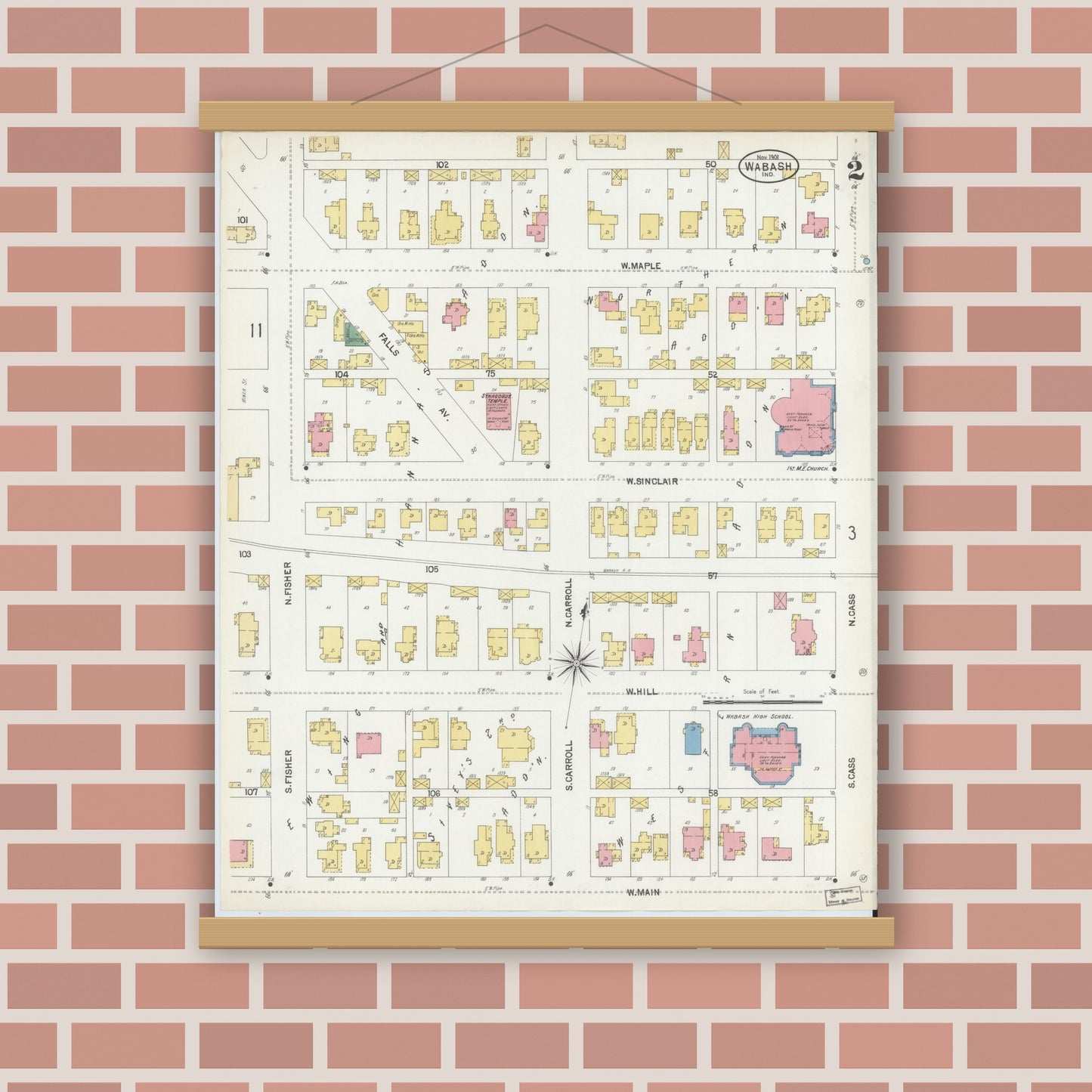 Old map wall art mockup — magnetic wood frame on brick wall — Sanborn Fire Insurance Map from Wabash, Wabash County, Indiana (1901), Sheet #0002