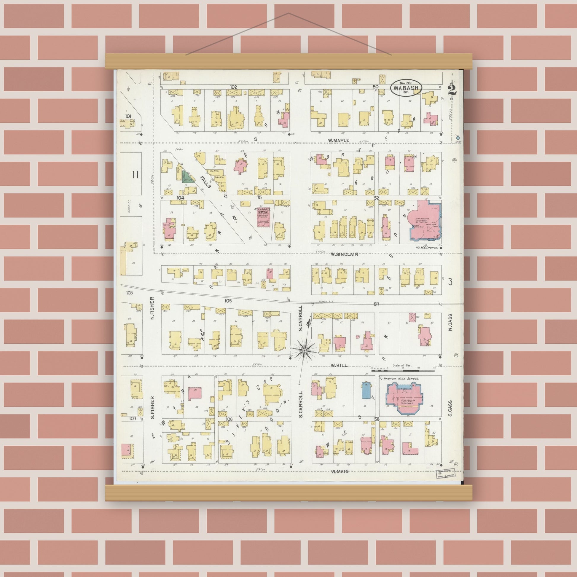 Old map wall art mockup — magnetic wood frame on brick wall — Sanborn Fire Insurance Map from Wabash, Wabash County, Indiana (1901), Sheet #0002