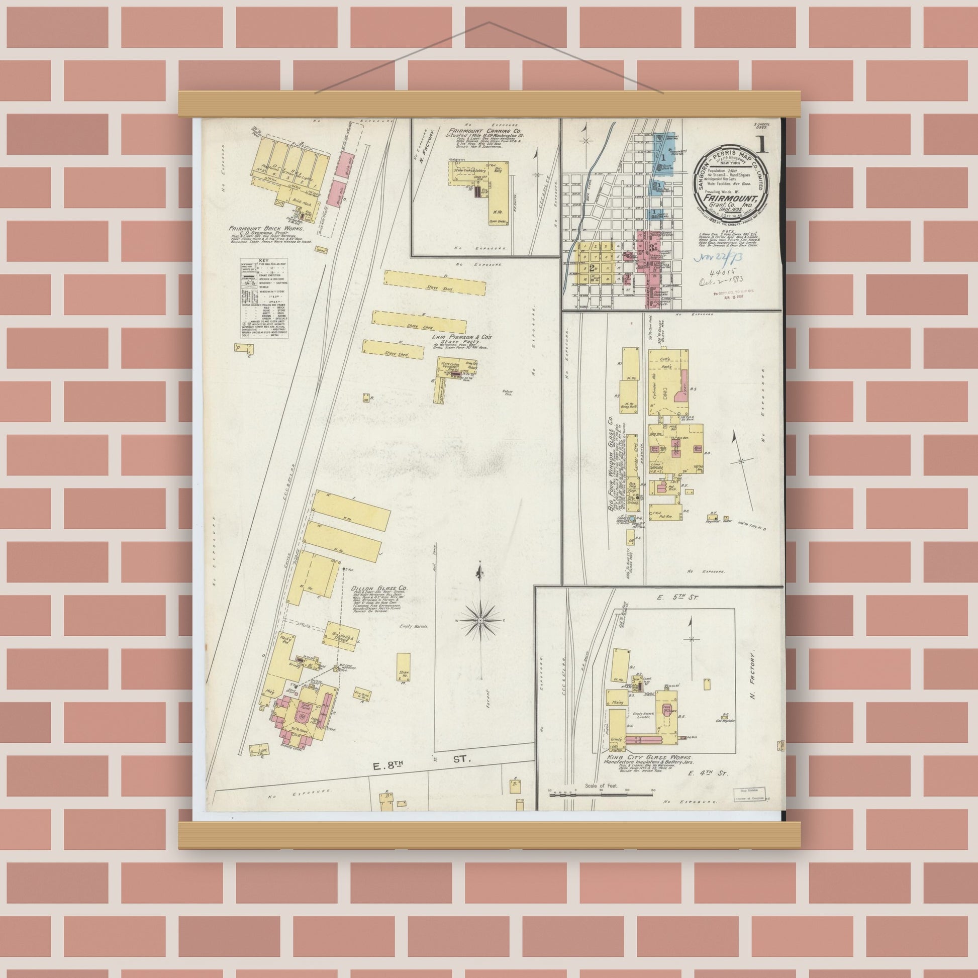 Old map wall art mockup — magnetic wood frame on brick wall — Sanborn Fire Insurance Map from Fairmount, Grant County, Indiana (1893) - Complete Map Set