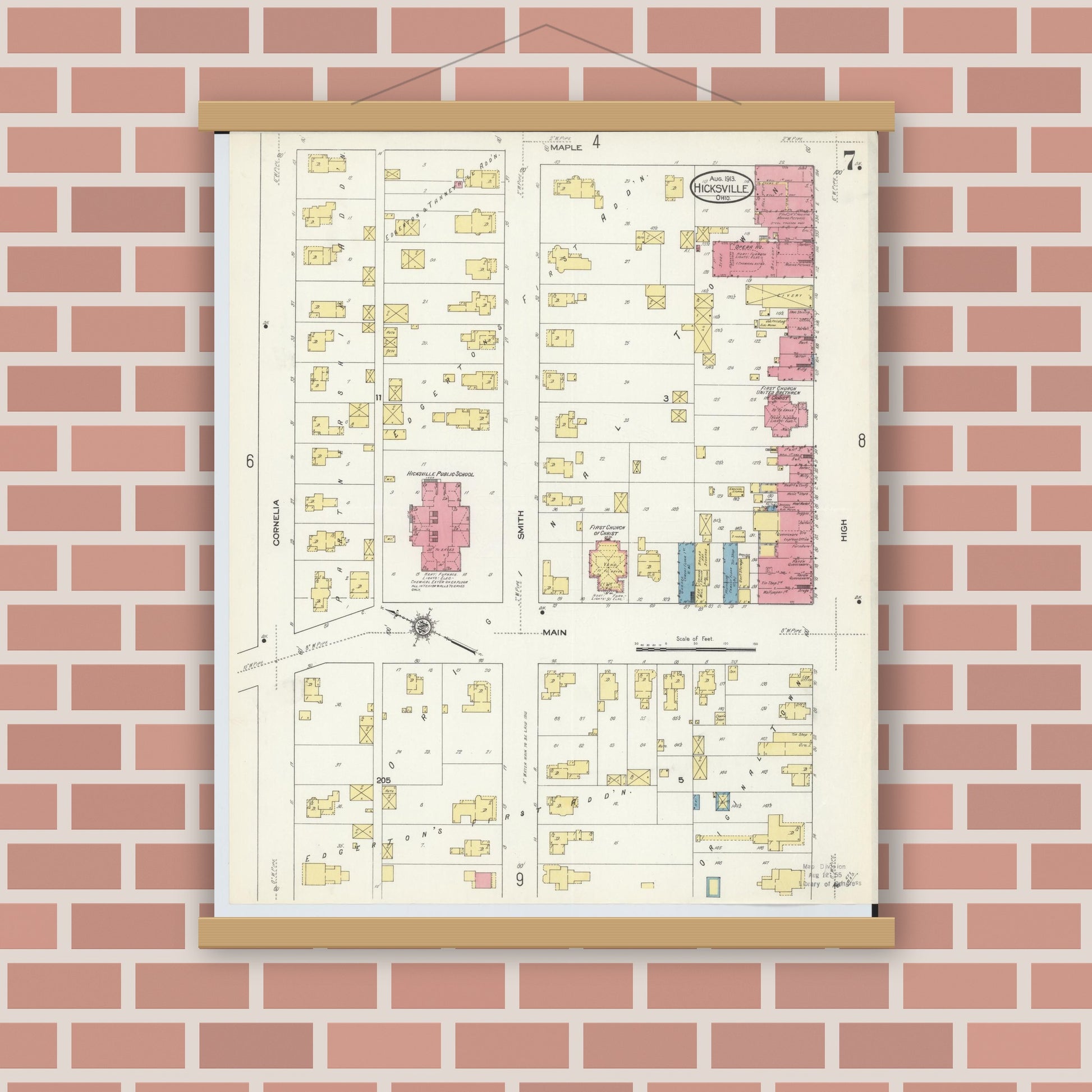 Old map wall art mockup — magnetic wood frame on brick wall — Sanborn Fire Insurance Map from Hicksville, Defiance County, Ohio (1913), Sheet #0007