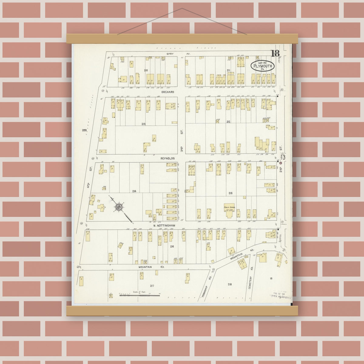 Old map wall art mockup — magnetic wood frame on brick wall — Sanborn Fire Insurance Map from Plymouth, Luzerne County, Pennsylvania (1912), Sheet #0018