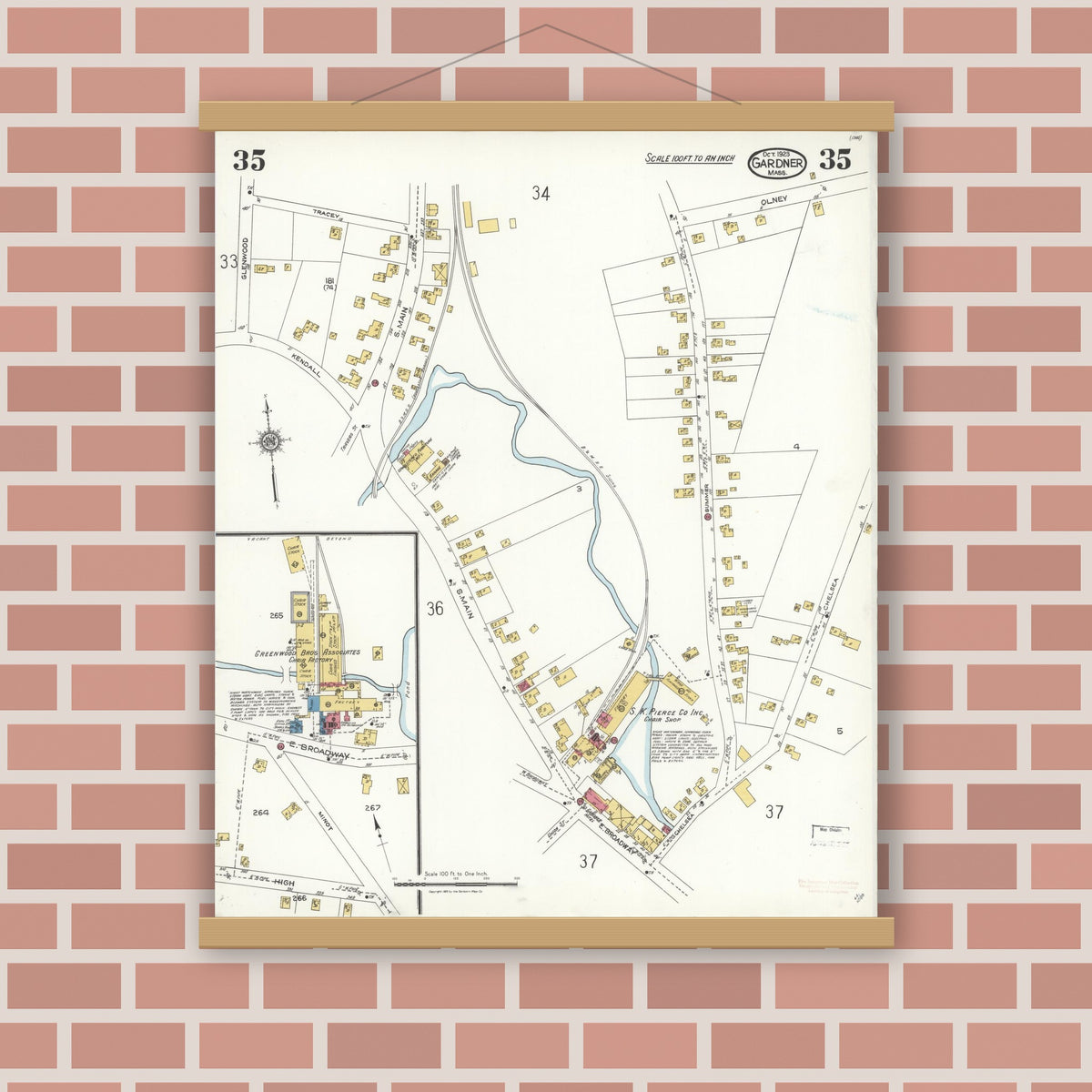 Old map wall art mockup — magnetic wood frame on brick wall — Sanborn Fire Insurance Map from Gardner, Worcester County, Massachusetts (1923), Sheet #0035