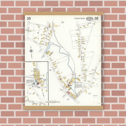 Old map wall art mockup — magnetic wood frame on brick wall — Sanborn Fire Insurance Map from Gardner, Worcester County, Massachusetts (1923), Sheet #0035