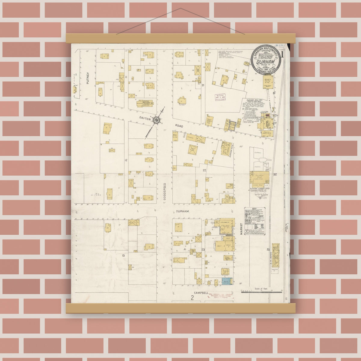 Old map wall art mockup — magnetic wood frame on brick wall — Sanborn Fire Insurance Map from Durham, Butte County, California (1914) - Complete Map Set