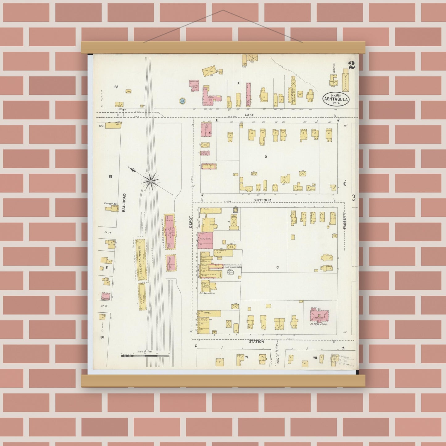 Old map wall art mockup — magnetic wood frame on brick wall — Sanborn Fire Insurance Map from Ashtabula, Ashtabula County, Ohio (1903), Sheet #0002