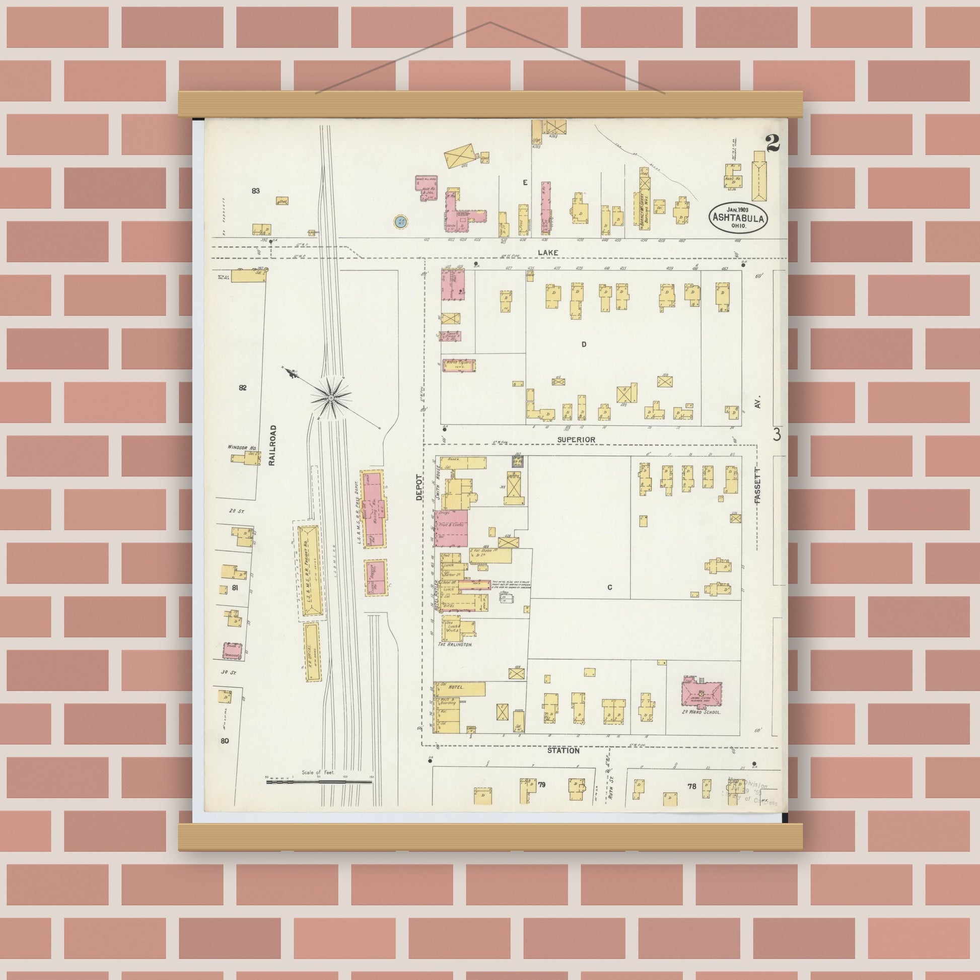 Old map wall art mockup — magnetic wood frame on brick wall — Sanborn Fire Insurance Map from Ashtabula, Ashtabula County, Ohio (1903), Sheet #0002