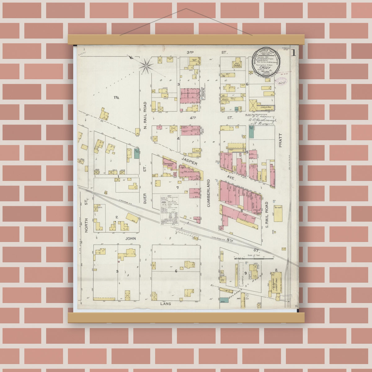 Old map wall art mockup — magnetic wood frame on brick wall — Sanborn Fire Insurance Map from Casey, Clark County, Illinois (1893), Sheet #0001