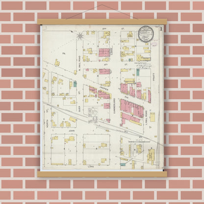 Old map wall art mockup — magnetic wood frame on brick wall — Sanborn Fire Insurance Map from Casey, Clark County, Illinois (1893), Sheet #0001