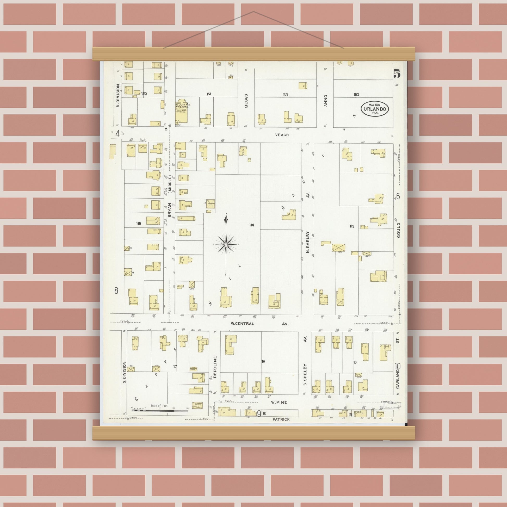 Old map wall art mockup — magnetic wood frame on brick wall — Sanborn Fire Insurance Map from Orlando, Orange County, Florida (1908), Sheet #0005